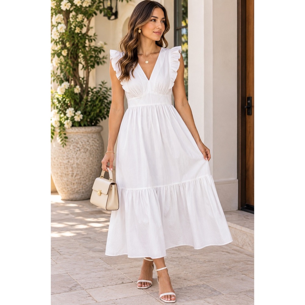 Maggy London Women's Ivory Ruffle V-Neck Maxi Dress Size 10 NWTM